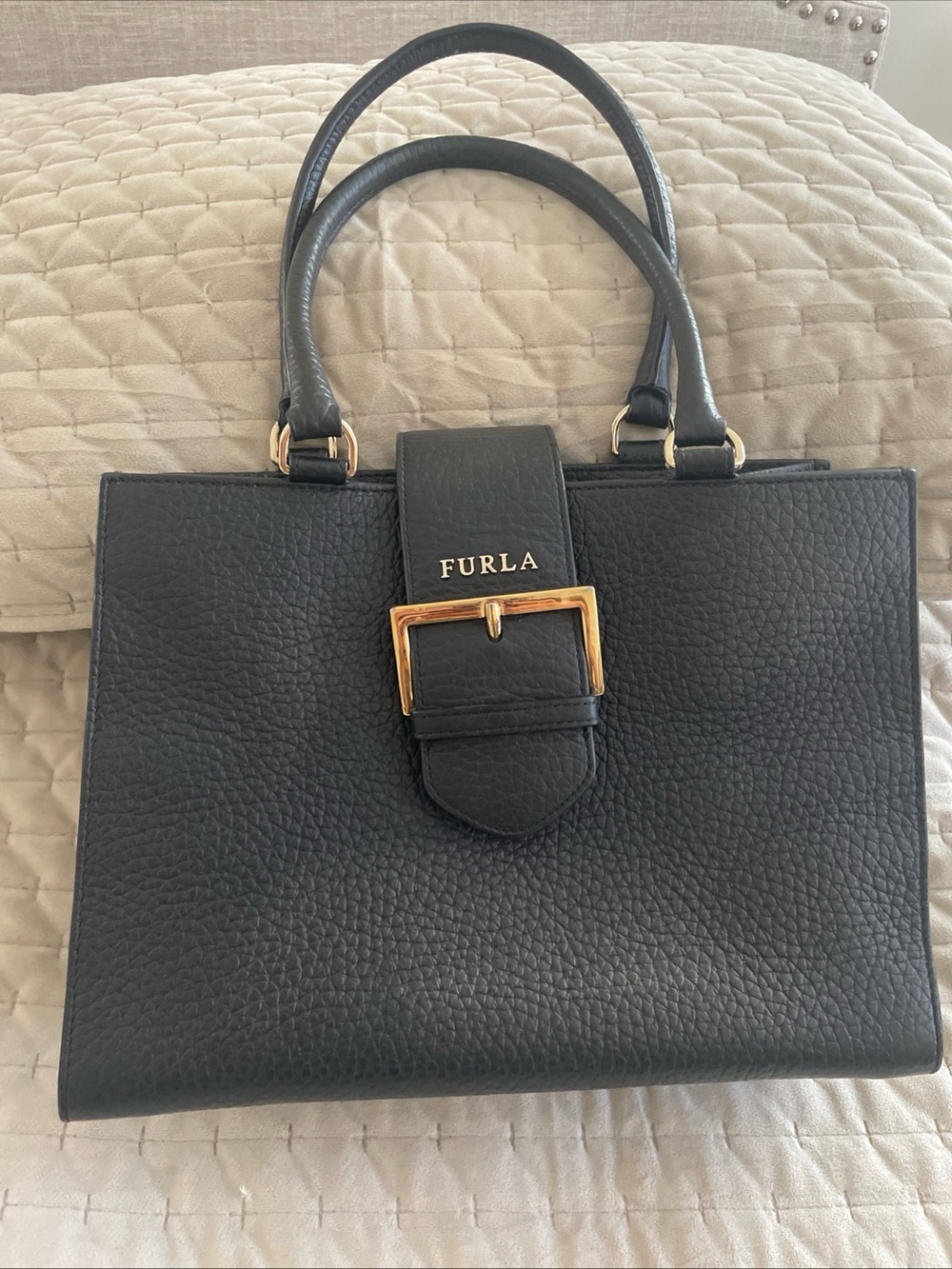 Furla Black Pebbled Leather Satchel with Gold Buckle - Picture 2 of 16